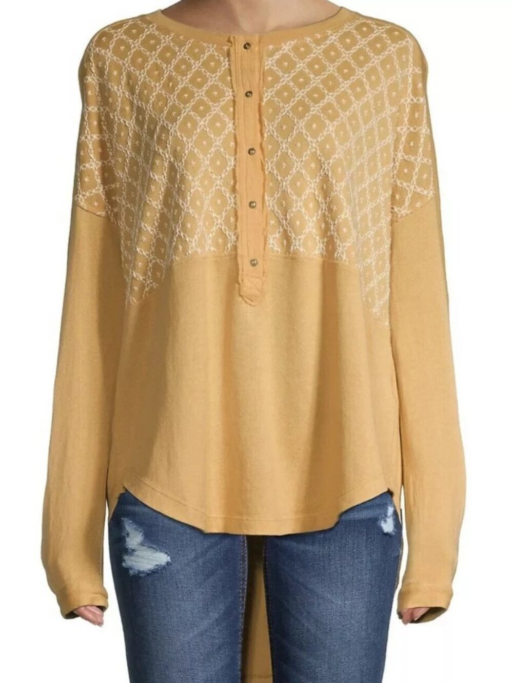 Free People Free Spirit Embroidered Henley Top Peach Fuzz Combo Gold W…